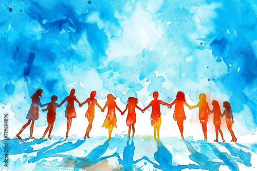 fantastic watercolor illustration of a group of people holding hands in a circle photo