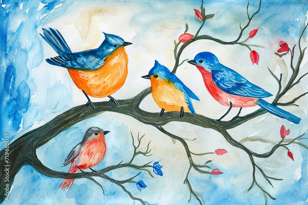 watercolor illustration of a child's drawing of a family of birds in a tree