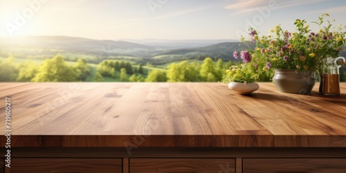 Wooden countertop, garden view in kitchen.