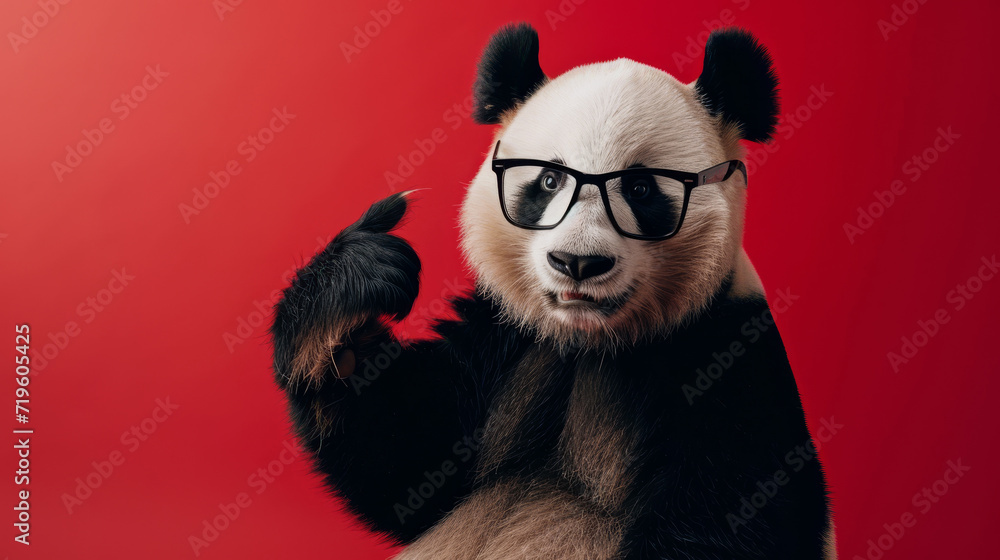 A panda with glasses on a red background sits and points with his paw to the side, a place for your text A panda with glasses on a red background sits and points with his paw to the side, a place for your text