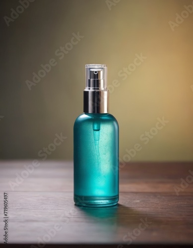 Turquoise glass spray bottle with elegant background 