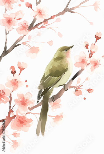 鶯と桜の水彩イラスト、春、はがきサイズ