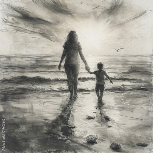 Monochrome Illustration of Beach Walk