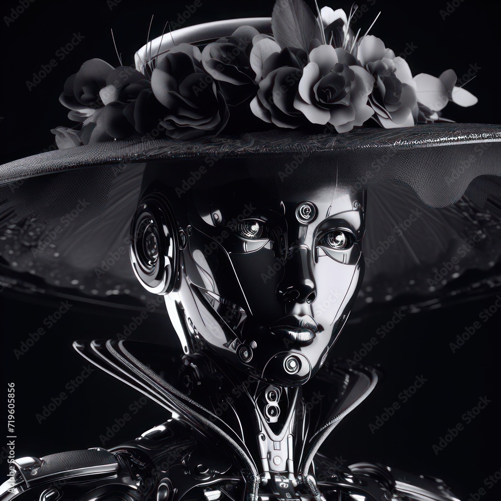 Obraz premium Beautiful black cyborg girl in an elegant hat with cybernetic implants portrait created using artificial intelligence