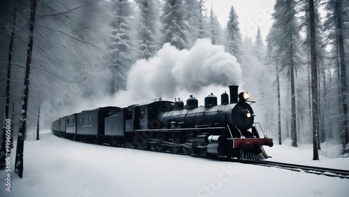 steam train in the snow  A steam train that expels white smoke as it cruises through a frosty forest. The train is black   photo