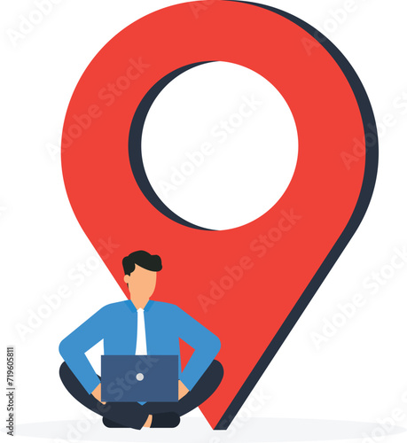 Remote job or distance work and virtual office or working anywhere, Freelancer or online office and oversea employe, Businessman working remotely with computer laptop on location map pin concept,

