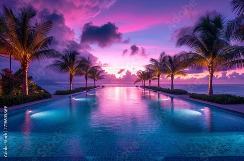 a private pool at sunset is lined with palm trees