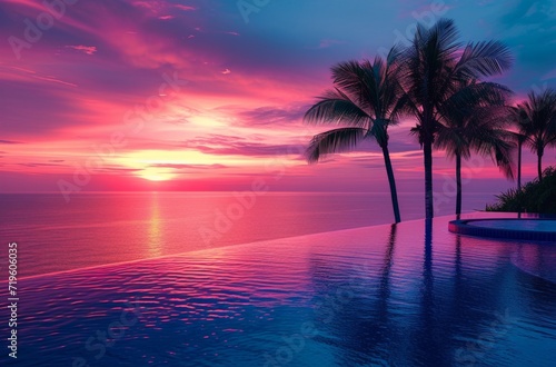 an infinity pool next to palm trees at sunset © olegganko