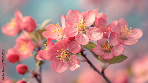 Close up selective focus pink flowers of blooming apple tree in spring against blue sky on a Sunny day close-up macro in nature outdoors. 