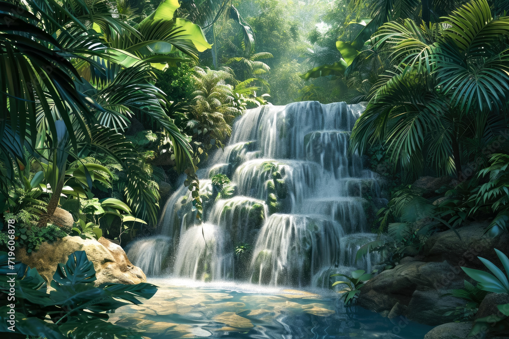 Generate a relief of a waterfall in a jungle Generate a relief of a waterfall in a jungle