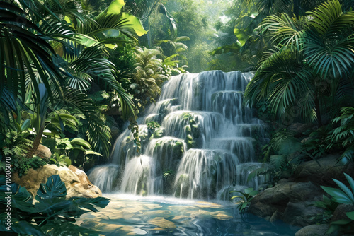 Generate a relief of a waterfall in a jungle