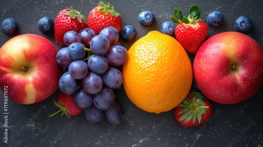  a close up of fruit on a table with blueberries, oranges, strawberries, and strawberries on the side of the fruit is on the table.