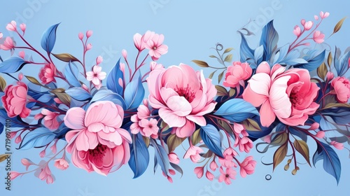 Leaves and pink flowers on a blue background. Decor design for printing, wallpaper, textiles, interior design, packaging, invitations. Delicate floral texture.
