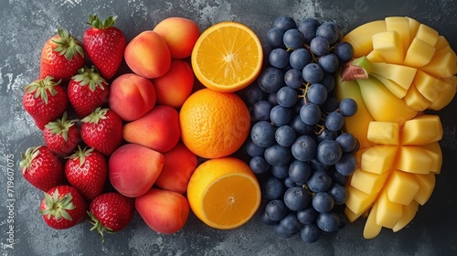  a variety of fruits including oranges  grapes  strawberries  apples  and pears on a gray surface with a gray background with a black border and white border.