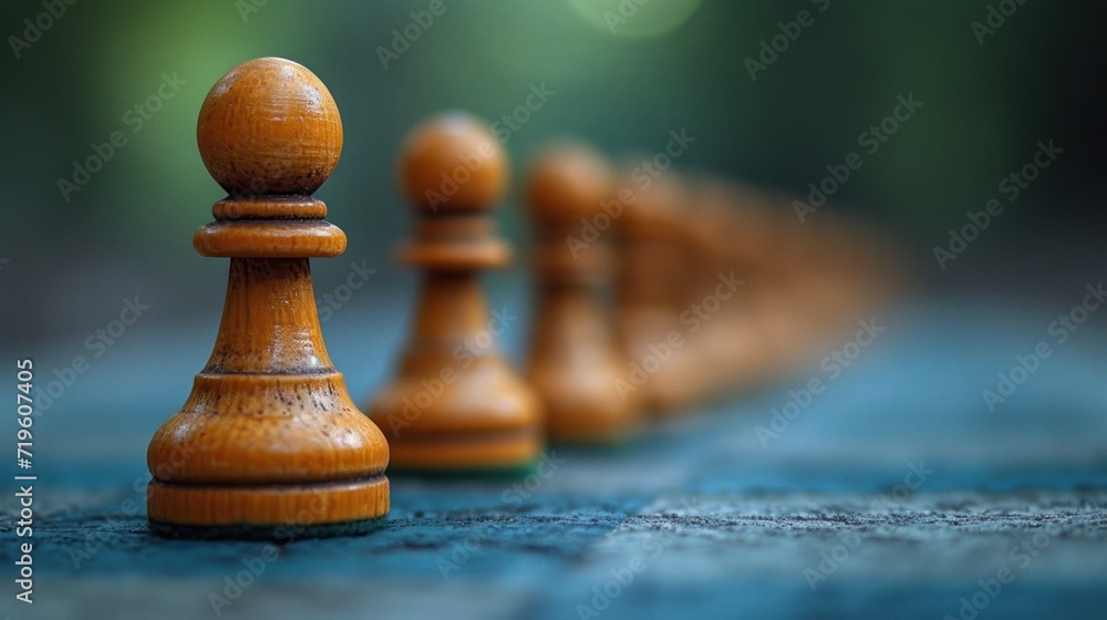 a group of wooden chess pieces sitting on top of a blue table covered in black and white chess pieces on top of a blue cloth covered table with a blurry background. a group of wooden chess pieces sitting on top of a blue table covered in black and white chess pieces on top of a blue cloth covered table with a blurry background.