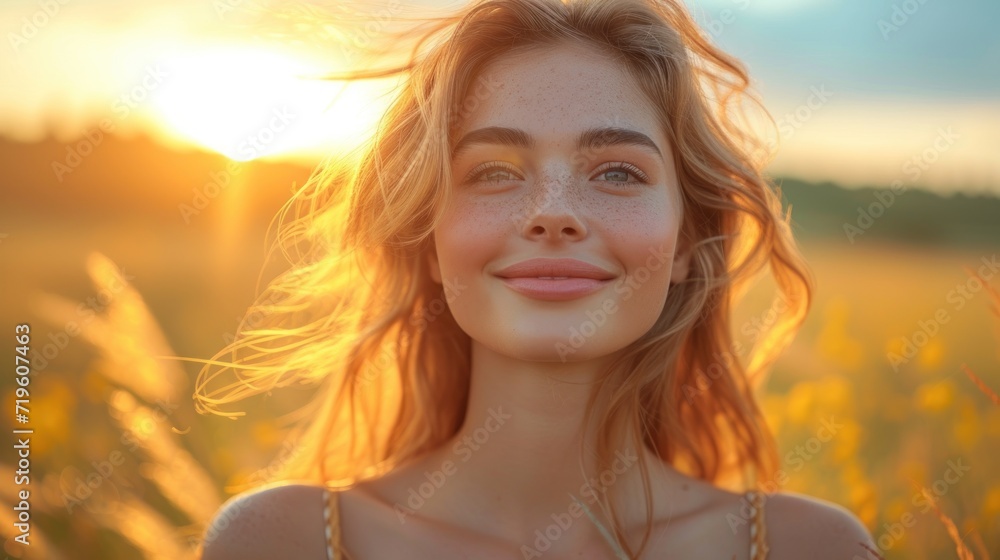 a woman standing in a field of tall grass with the sun setting behind her and her hair blowing in the wind and her face to the side of the camera. a woman standing in a field of tall grass with the sun setting behind her and her hair blowing in the wind and her face to the side of the camera.