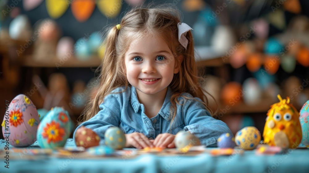a little girl sitting in front of a table filled with colorfully painted eggs and smiling at the camera with her hands on the table in front of the camera. a little girl sitting in front of a table filled with colorfully painted eggs and smiling at the camera with her hands on the table in front of the camera.