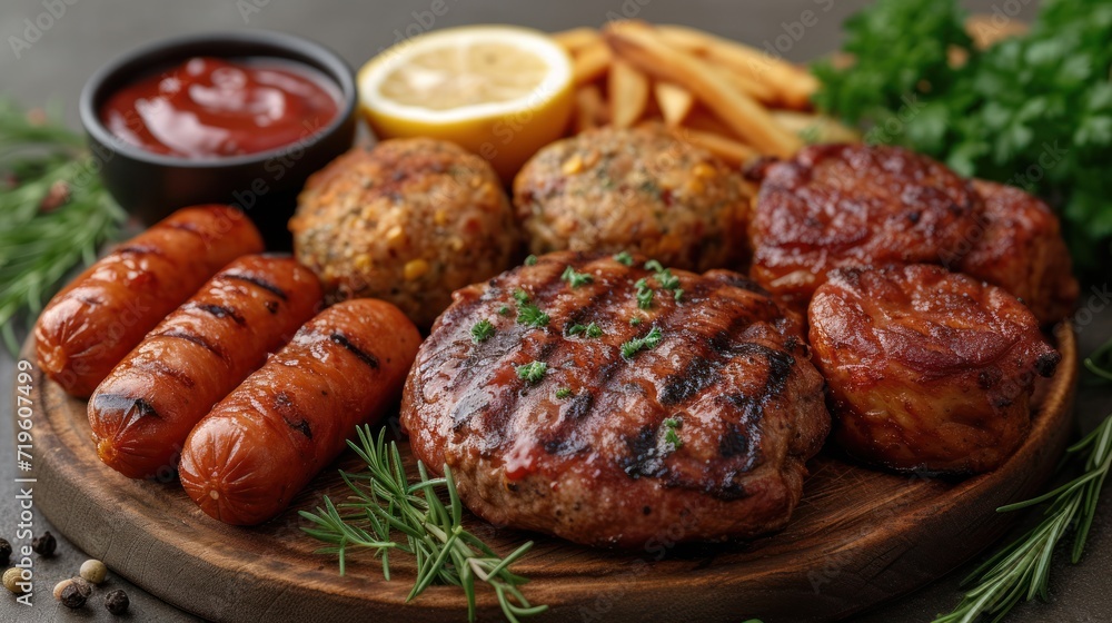 a close up of a plate of food with hot dogs and hamburgers on a plate with a side of french fries and ketchup and lemon wedges. a close up of a plate of food with hot dogs and hamburgers on a plate with a side of french fries and ketchup and lemon wedges.