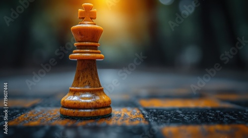  a wooden chess piece sitting on top of a black and yellow checkerboard floor with a yellow light shining on the top of the chess piece in the background.