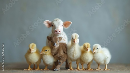 a group of ducks and a cow standing next to each other in front of a gray background with a gray wall behind them and a baby cow in the foreground.