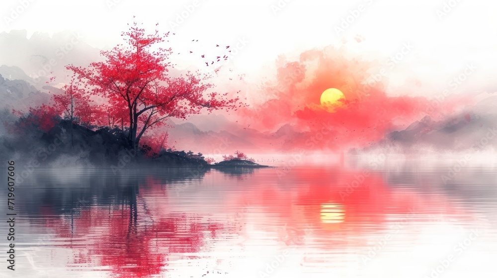 a painting of a sunset over a body of water with a tree in the foreground and a foggy sky over the water with a red tree in the foreground.