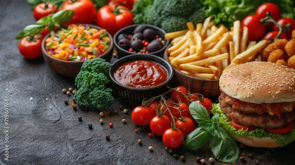 a hamburger, french fries, tomatoes, lettuce, tomatoes, and other foods are arranged on a slate surface with a variety of condiments and condiments. a hamburger, french fries, tomatoes, lettuce, tomatoes, and other foods are arranged on a slate surface with a variety of condiments and condiments.