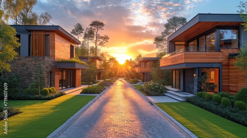  the sun is setting behind a row of houses in a residential area with a walkway leading up to the front door of the house, and to the back of the house. photo