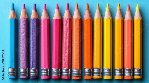  a row of colored pencils sitting next to each other on top of a blue surface with other colored pencils on top of each of each of the row.