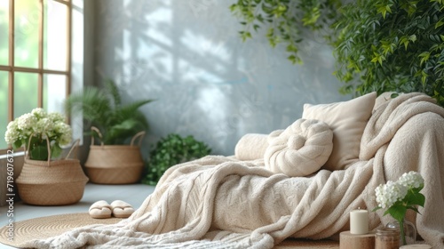  a living room with a couch covered in a blanket next to a potted plant and a potted plant on the side of the wall next to the couch.