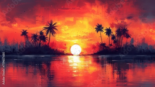  a painting of a sunset over a body of water with palm trees on either side of the water and a boat in the middle of the water on the water.