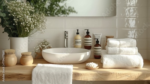  a bathroom counter with a bowl of soap, a bowl of scrubs, a bowl of soap, and a vase with baby's breath flowers on it.