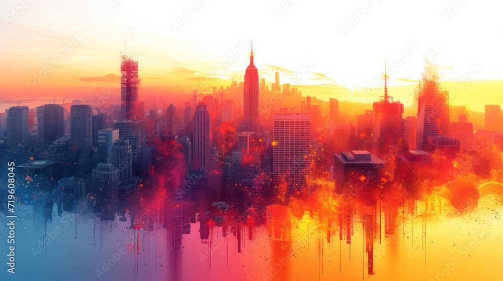  a painting of a cityscape with buildings in the background and a sunset in the foreground with a bright orange and blue sky in the middle of the foreground.