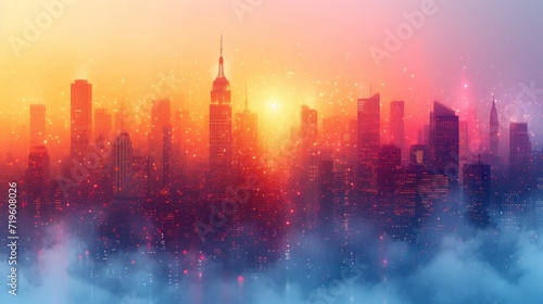  a picture of a city in the sky with buildings in the foreground and clouds in the foreground, with a bright orange and pink sky in the background.