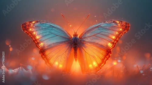 a close up of a butterfly on a field of grass with a bright orange light shining on the back of it's wings and back end of its wings.