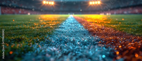  a stadium filled with lots of green grass and a blue line on the side of the field in front of a stadium filled with lots of red and yellow lights.