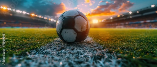  a soccer ball sitting in the middle of a soccer field with the sun shining down on the field and the lights of the stadium lights shining on the field in the background. © Jevjenijs