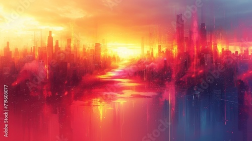  a digital painting of a cityscape with a river in the foreground and a sunset in the background with red, yellow, blue, and pink colors.