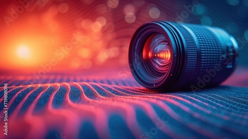  a close up of a camera lens on a table with a bright light in the background and a blurry image of a lens in the foreground of the lens. photo