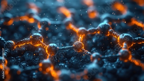  a close up view of a bunch of orange and blue balls of liquid in a liquid filled with orange and blue bubbles, with a black background that appears to be blurry to the foreground.