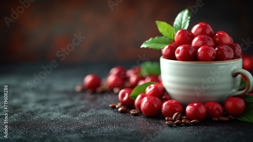  a cup filled with lots of red cherries next to a pile of coffee beans and a green leaf on top of a black surface with coffee beans scattered around it.