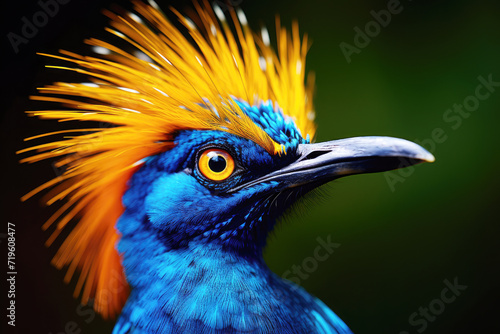 Beautiful orange and blue bird, close up on blurred green background © Liliya Trott