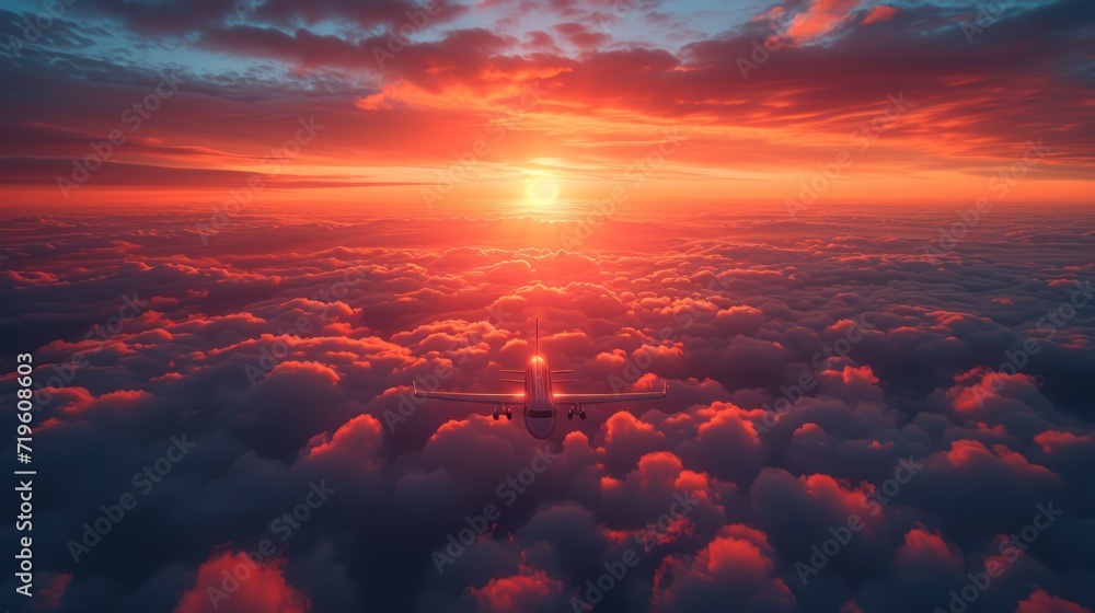 a large jetliner flying through a cloudy sky under a red and blue sky with the sun in the middle of the clouds and a plane in the middle of the middle of the sky. a large jetliner flying through a cloudy sky under a red and blue sky with the sun in the middle of the clouds and a plane in the middle of the middle of the sky.