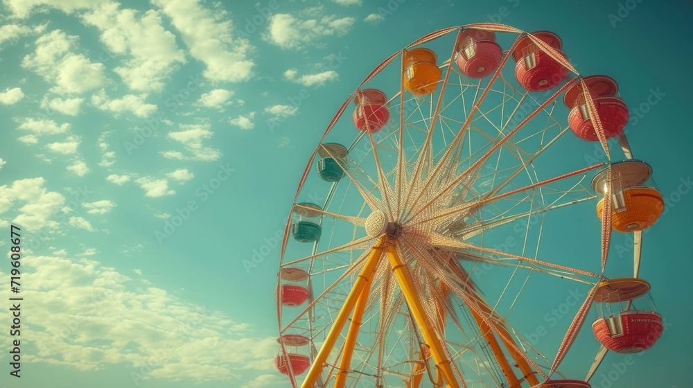  a ferris wheel on a sunny day with a blue sky in the back ground and clouds in the sky in the back ground and a blue sky with a few white clouds. - obrazy, fototapety, plakaty 