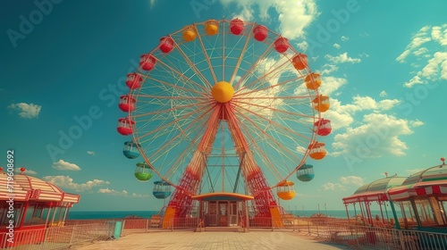  a ferris wheel sitting on top of a sandy beach next to the ocean with colorful balls hanging from it s front wheel and a blue sky with clouds in the background.