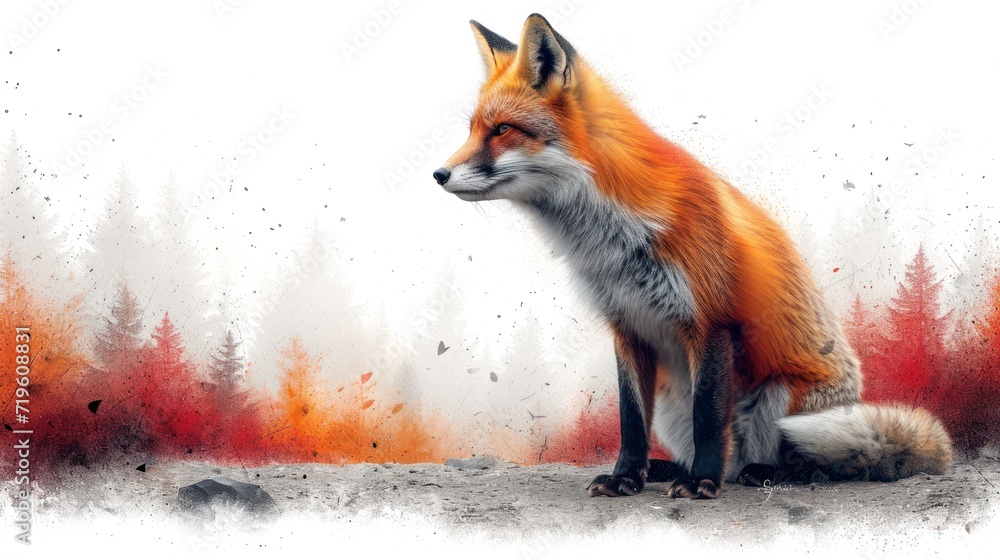  a painting of a red fox sitting in front of a forest filled with red and orange leaves, with a white background and a black outline of the fox is facing away from the camera.