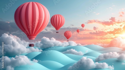  a group of hot air balloons flying in the sky above a group of clouds with a sunset in the background and a few clouds in the sky with a few clouds.