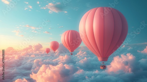  a group of hot air balloons floating in the sky above a group of clouds with a sunset in the background and a blue sky filled with white clouds and pink.