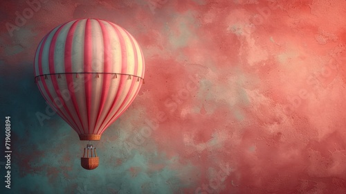  a red and white hot air balloon flying in the sky on a pink and green background with a red stripe on the bottom of the balloon and a red stripe on the top of the bottom of the balloon.
