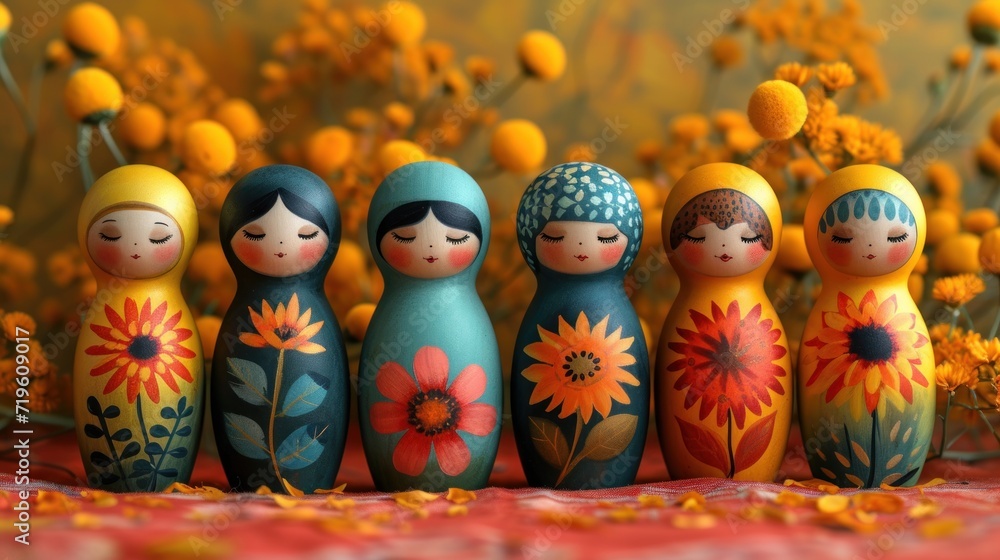  a group of wooden dolls standing next to each other in front of a field of yellow flowers and yellow flowers in the background, with yellow flowers in the foreground.