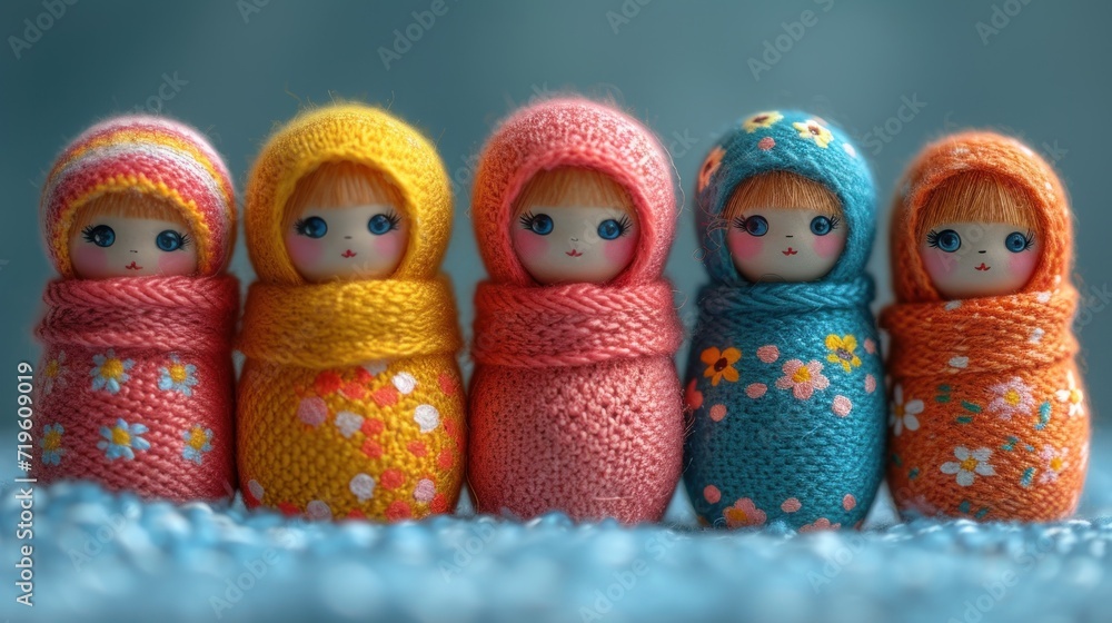  a group of knitted dolls sitting next to each other on top of a blue blanket with flowers on the bottom of the dolls and a blue background with a blue sky.